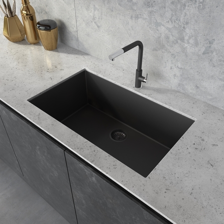 RUVATI 33"x19" Granite Composite Undermount Sgl Bowl Kitchen Sink, Blk RVG2080BK